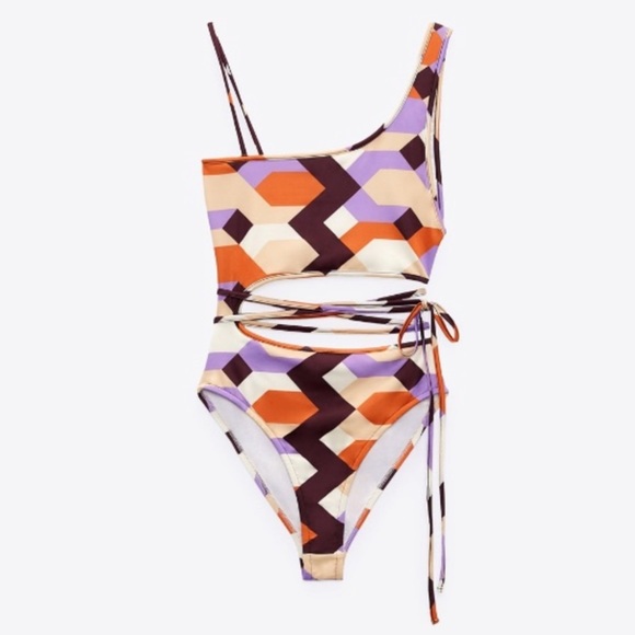 ZARA NWT MULTI COLOR GEOMETRIC PRINT BODYSUIT ORANGE PURPLE SMALL ONE PIECE - Picture 4 of 13